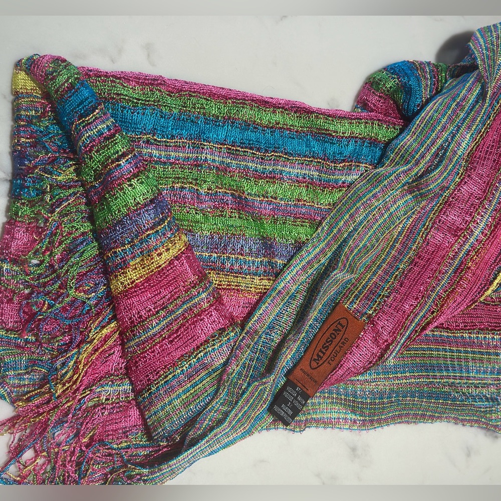 MISSONI Multi Color Metallic Scarf Stole Wrap Pink Blue Green Yellow Purple - Picture 3 of 10